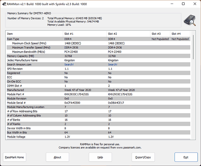 Роз'єми оперативної пам'яті в RAMMon