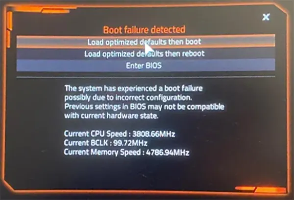 Повідомлення про помилку Boot failure detected на Gigabyte
