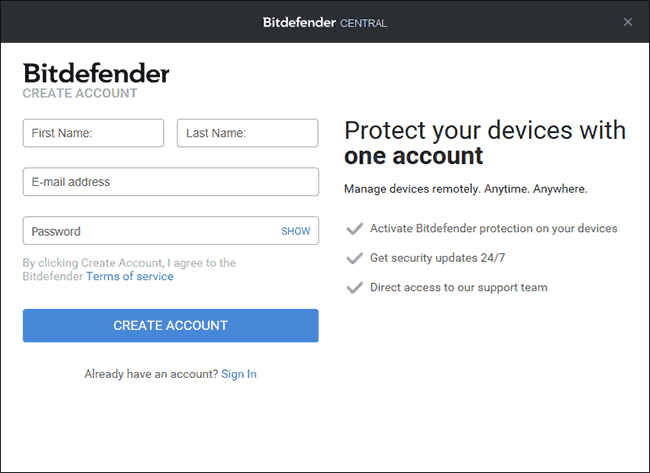 Створення облікового запису Bitdefender