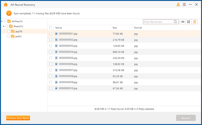 Результати глибокого сканування AnyRecover