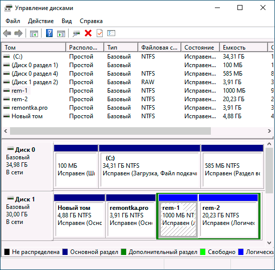 Розділи дисків в управлінні дисками Windows