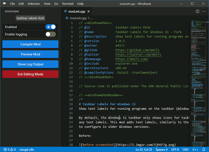 Редагування коду мода у Windhawk