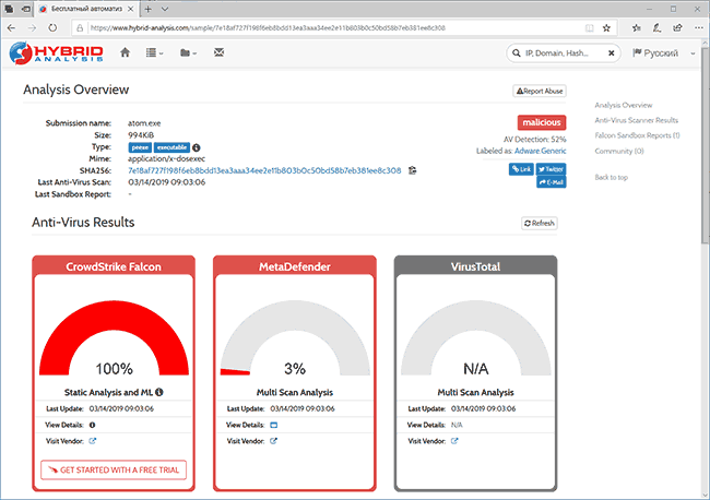 Результати сканування в Hybrid Analysis
