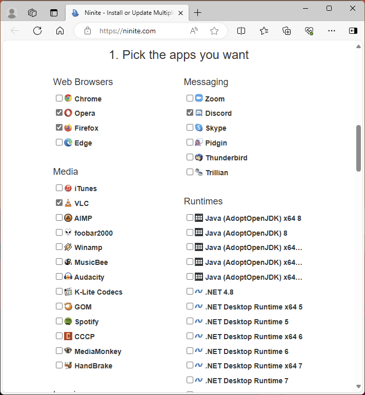 Встановлення кількох програм у Ninite