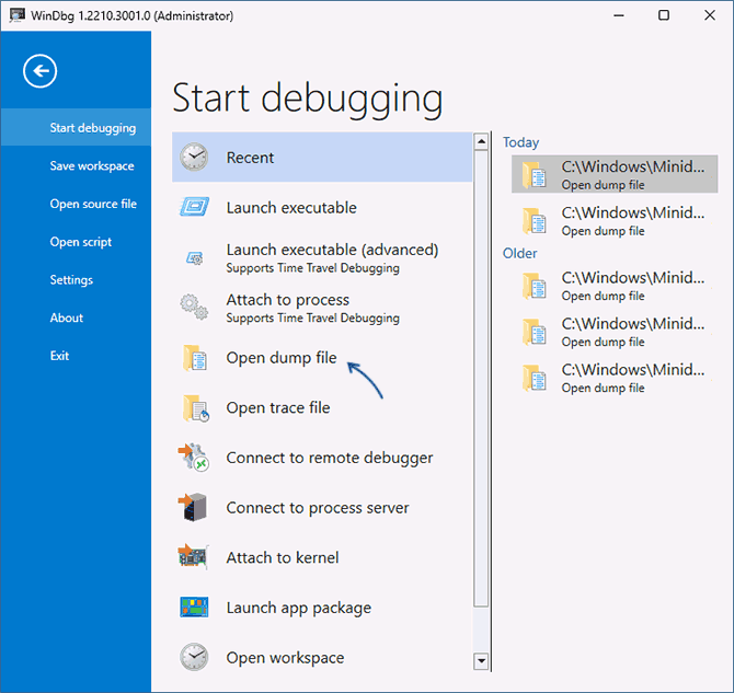 Відкрити файл дампа пам'яті в WinDbg