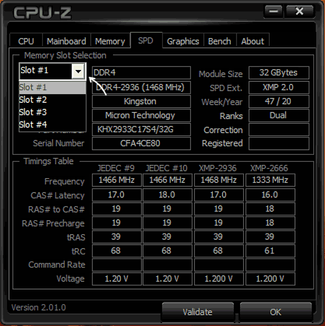 Перегляд кількості слотів пам'яті в CPU-Z