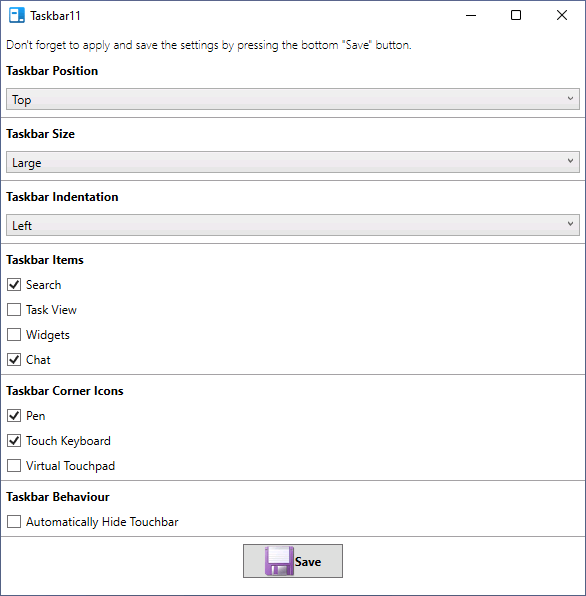 Доступні налаштування в Taskbar 11