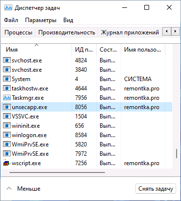 Процес unsecapp.exe у списку процесів