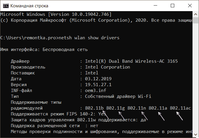 Скріншот команди для визначення підтримки 5 ГГц Wi-Fi в командному рядку