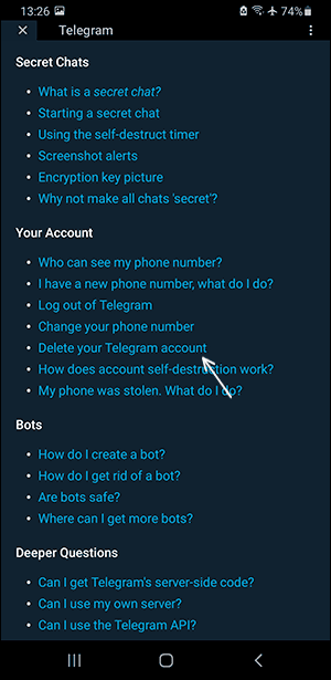 Пункт Delete your Telegram account