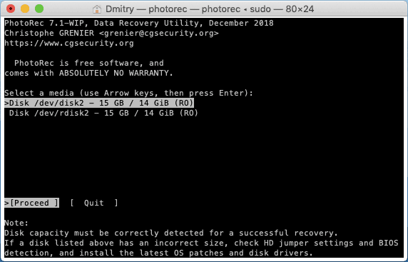Вибір диска для сканування у PhotoRec