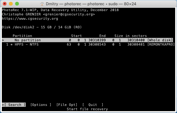 Вибір розділу для відновлення у PhotoRec