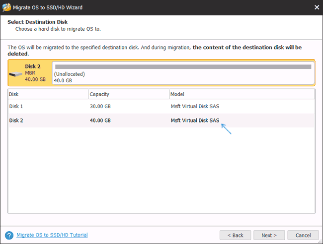 Вибір цільового диска для перенесення
