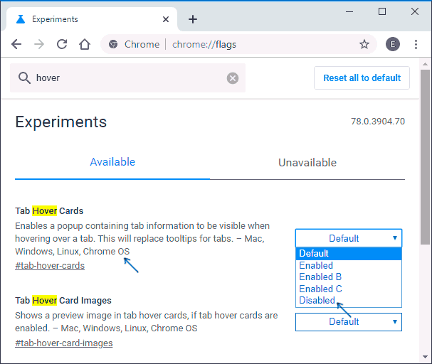 Картки вкладок Chrome вимкнуто